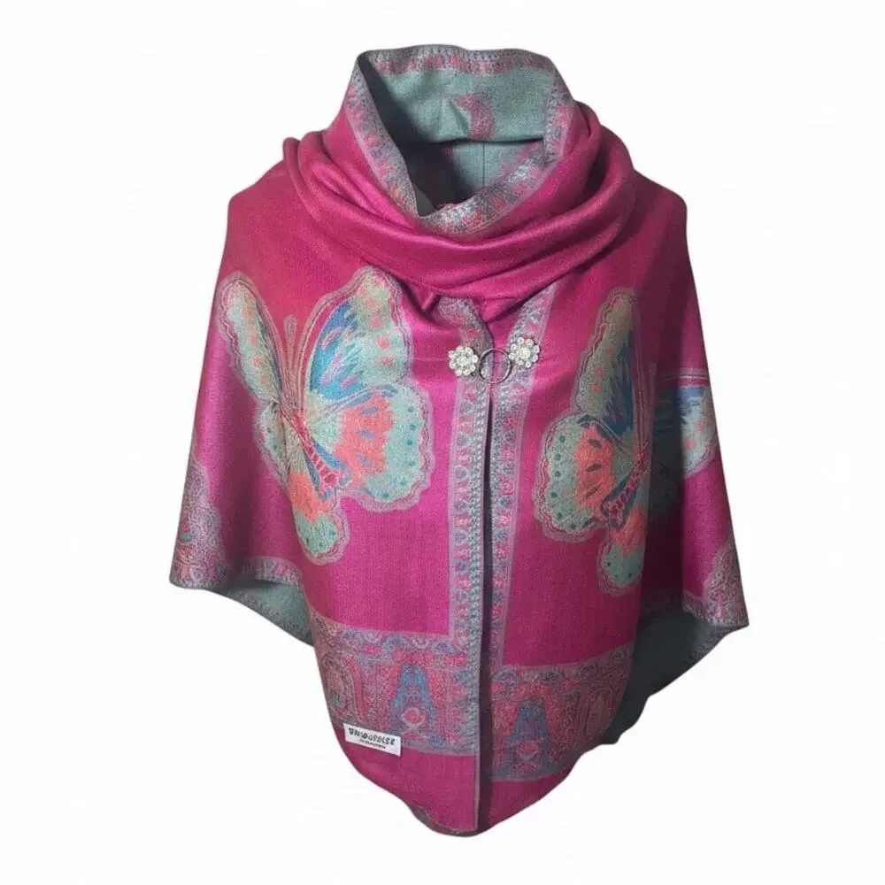 100 % Cashmere Pashmina Reversible Teal and Pink Butterflies and Medallion NWT